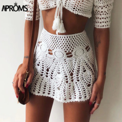 Aproms Candy Color Handmade Cotton Knitted Crochet Mini Skirts Women Summer Hollow Out High Waist Beach Skirt White Bottoms 2019