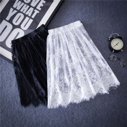 Autumn Summer Women Sexy Lace Skirts Chic Floral Lace Solid Casual Mesh tulle skirt Hollow Out short Black White Skirt