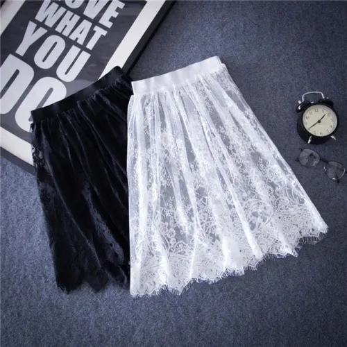 Autumn Summer Women Sexy Lace Skirts Chic Floral Lace Solid Casual Mesh tulle skirt Hollow Out short Black White Skirt
