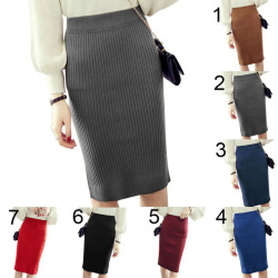 Autumn Winter Women Knitted Pencil Skirts Stretch High Waist Knee Length Slim Office Lady Bodycon Long Skirt JL