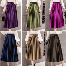 Autumn Winter Women Velvet Skirt Empire Skinny Large Swing Long Pleated Skirts 16 Colors Plus Size Saia