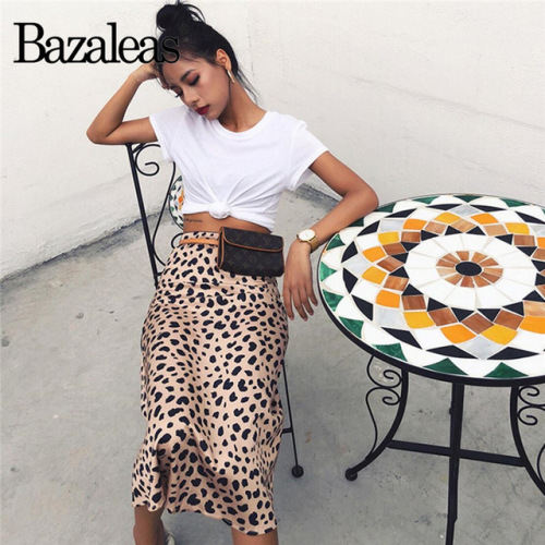 Bazaleas Vintage High Waist Midi Skirts Leopard Pattern Women Skirt Sexy Slim Wild women skirt Casual slip style skirt