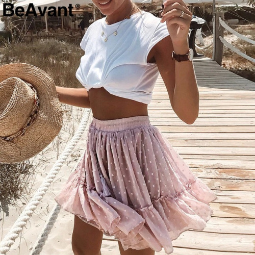 BeAvant Boho summer pleated mini skirts womens High waist polka dot short skirt pink A line floral printed ruffle chiffon skirts