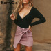 BerryGo Asymmetrical sash bow suede skirts women High waist split sexy black skirts 2018 Autumn winter casual mini skirts female