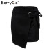 BerryGo Asymmetrical sash bow suede skirts women High waist split sexy black skirts 2018 Autumn winter casual mini skirts female