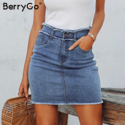 BerryGo Sexy pencil denim skirts women skirt Tassel high waist bodycon mini skirt female streetwear jeans summer skirts 2019