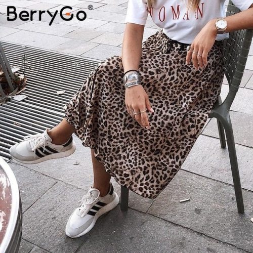 BerryGo Vintage leopard print midi skirt Women punk korean skirt fashion 2018 Sexy high waist ladies pleated retro autumn skirts