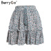 BerryGo print mini women skirts High waist polka dot tassel green A line summer skirt Sexy ruffle beach female tutu skirts 2019