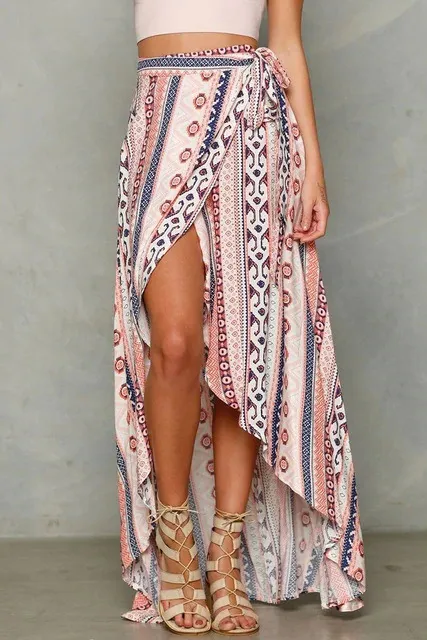 Boho Women Ladies Summer Bandage Beach Skirt Party Maxi Swimwear Cover Long Skirt Floral Print Lace up Maxi Women's Shirt
