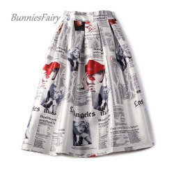 BunniesFairy 2018 Summer New 50s 60s Vintage Retro Lady Newspaper Print High Waist Pleated Flare Midi Skirt Saia Longa Plissada