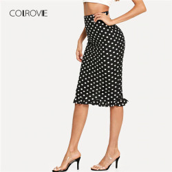 COLROVIE Black Slit Back Ruffle Hem Polka Dot Sexy Skirt 2018 Autumn Keen Length Stretchy Skirt High Waist Elegant Women Skirts