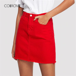 COLROVIE Frayed Hem Pockets Denim Skirt Spring Red Ripped Mid Waist Girly Casual Mini Skirt Summer A Line Basic Women Skirt