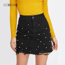 COLROVIE Pearl Detail Ripped Skirt Women Black Cut Hem Cute Denim A Line Skirts Fashion Spring Fall Girls Casual Skirt