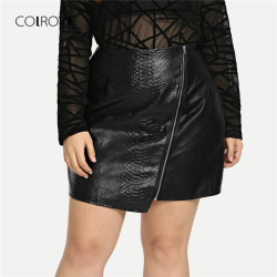 COLROVIE Plus Size Black Solid Zipper Sexy Korean Leather Skirt Women Autumn Female Office A-line Elegant Mini Skirts