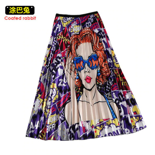 CR 2019 Spring New-Coming Europen Cartoon Pattern High Elasticity Pleated skirt High Street Style A-line Mid-Calf Christmas