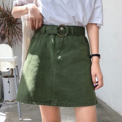 Candy Color Summer Women Jeans Skirt A-Line Belt Casual Harajuku Denim Jupe Mujer College Wind High Waist Black Red Khaki Skirts