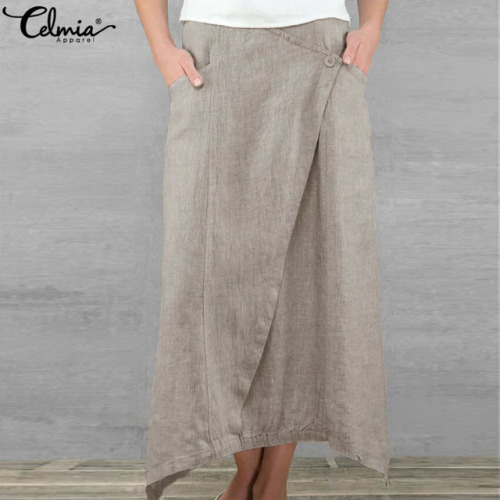 Celmia Vintage Women Maxi Skirts 2019 Summer Casual Loose High Waist Asymmetrical Linen Skirt Plus Size Long Pleated Beach Skirt