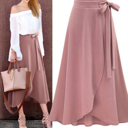 Chiffon Pink Ruffle Women's Long Skirt High Waist Bowtie Split Irregular Maxi Skirts Womens Spring Summer Office Clothes Women