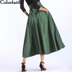 Colorfaith 2019 Women Slit Long Maxi Skirt Vintage Ladies Fashion Pleated Flared Pockets Lace Up Bow Plus Size 4XL Skirt SK8831
