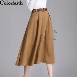 Colorfaith New 2018 Suede Women Long Midi Skirt Autumn Winter Ladies Vintage Belt Buttons Skirt High Waist Femininas SK6679