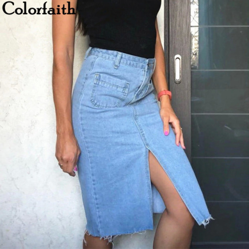 Colorfaith New 2018 Women Casual Straight Denim Midi Skirt Spring Summer With Pocket Slit High Waist Mid-Calf Femininas SK8171