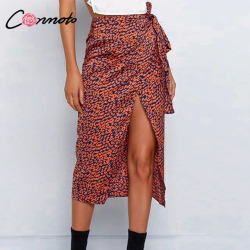 Conmoto Wrap Bow Satin Midi Skirt Women Split Sexy Leopard Print High Waist Skirts High Fashion Winter Feminino Skirt