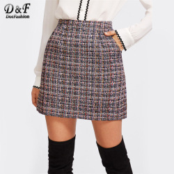 Dotfashion Zip Back Tweed Winter Skirt Women 2019 New Arrival Multi Plaid Cute Bottoms For Ladies A Line Short Skirt