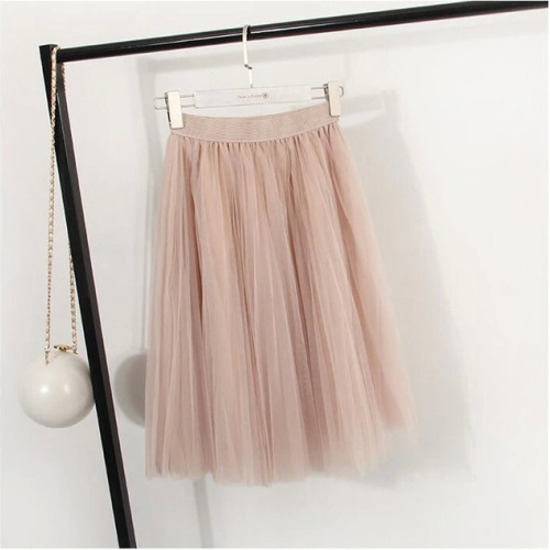 ELEXS Autumn Tulle Skirts Womens Winter Tulle Skirt Elastic High Waist Pleated Midi Skirt Three Layers E7933