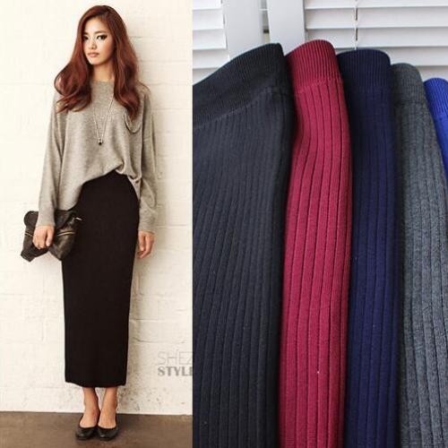 ELEXS Women Winter Long Woolen Skirt Elastic Waist Pencil Skirt Woman Office Skirt Jupe Vintage Femme Autumn E1123