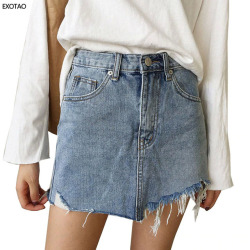 EXOTAO Summer Jeans Skirt Women High Waist Jupe Irregular Edges Denim Skirts Female Mini Saia Washed Faldas Casual Pencil Skirt