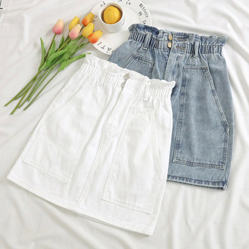 Elastic Waist Summer Women Denim Skirt Pockets Sexy White High waist jeans Skirts A-line Casual Ruffles Female mini saia mujer