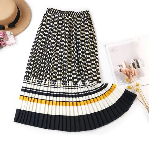 Elegant Pleated Skirts Women New Autumn Vintage Print Skirts Female High Waist Hit Color Midi Skirt Lady Long Skirt Jupe Femme