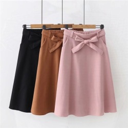 Elegant Women Skirt High Waist Pleated Knee Length Skirt Vintage A Line Big Bow Skirts