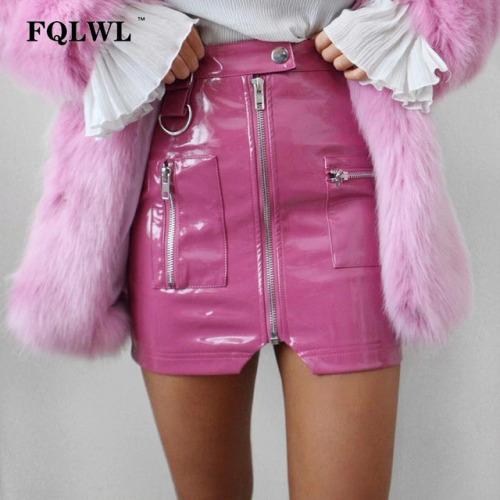 FQLWL Pink Zipper Pocket PVC PU Leather Sexy Skirt Women High Waist Bodycon Shorts Mini Skirts Female Club Summer Pencil Skirts