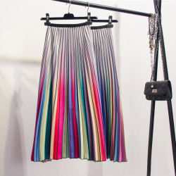 Fashion Contrast High Waist Pleated Skirt 2019 Spring Summer Skirts Womens Elastic Waist A Line Midi Skirt Mid Calf Long Skirts