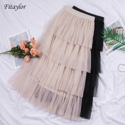 Fitaylor Spring New Sweet Cake Layered Long Mesh Skirts Princess High Waist Ruffled Vintage Tiered Tulle Pleated ins Skirts