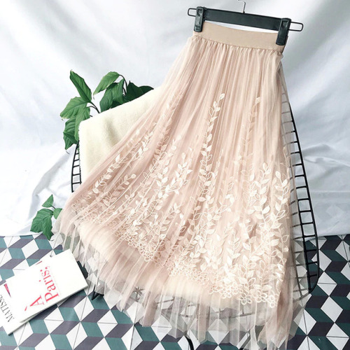 Floral Embroidery A-line Tutu Lace Mesh Skirt Women Elegant Tulle Long Pleated Skirt Women Midi Skirt Summer Hot Sale