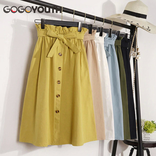 Gogoyouth Spring Summer Skirts Womens 2019 Midi Knee Length Korean Elegant Button High Waist Skirt Female Pleated School Skirt