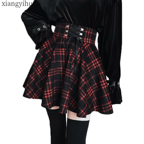 Gothic Lolita Skirt Women Ladies Winter Black Red Plaid Pleated Ball Gown 2018 New Arrivals High Waist Lace Up Wool Skirt Bottom