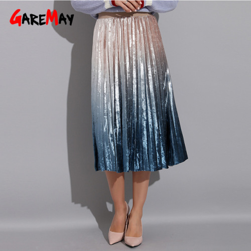 Gradient Skirt Pleated Long Skirt Woman Elegant High Waist A-Line Pleated School Midi Skirt Metallic Multi-Color Female Autumn