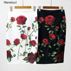 Hermicci Women Pencil Skirt High Waist Big Flower Bodycon Midi Skirt Ladies Digital Print White Black Slim Hip Skirt