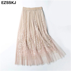 High Quality Elegant Tulle Long Pleated Skirt Women 2018 Summer floral Embroidery A-line tutu Lace mesh Skirt Women midi skirt