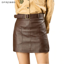 High Waist Vintage PU Leather Mini Pencil Skirts With Belt 2018 Autumn Winter Streetwear Casual Retro A-Line Skirt Female Saias