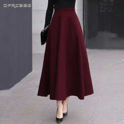 High Waist Woolen Skirts Womens Winter 2018 Fashion Streewear Wool Long Pleated Skirt With Belt Casual Ladies Saia Longa Black