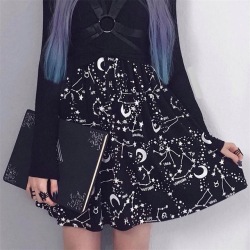 InstaHot Star Printed Pleated Gothic Skirts Women High Waist Punk Black Mini Skirts Constellation Rock Moon Sexy Club Outfits