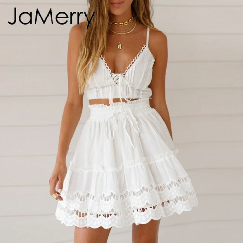 JaMerry 2019 Spring summer lace embroidery white skirt women Boho holiday high waist mini skirts Cute solid beach female skirts