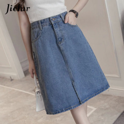 Jielur 2019 Kpop Oversized Summer Female A-line Skirts Solid Color Sweet Blue Denim Skirt Women Hipster Split Jeans Saias S-5XL