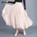 Jielur 3 Layers Princess Tulle Skirts Vintage Solid Color Mesh Women Skirt Pleated A-line Saia Female Jupe Longue Tutu Skirts