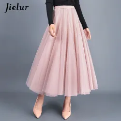 Jielur 3 Layers Princess Tulle Skirts Vintage Solid Color Mesh Women Skirt Pleated A-line Saia Female Jupe Longue Tutu Skirts