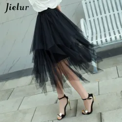 Jielur Black Gray Women Skirt Irregular Sexy Saia Pure Color Harajuku Female Skirts Vogue Vintage Jupe Longue Fashion Chic Saias